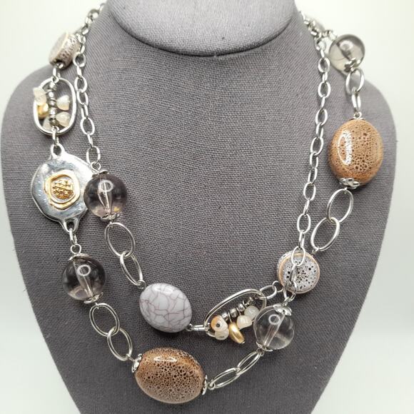 Chico's Long 42" Bead Necklace Beige Lavender Clear Layering - Picture 2 of 14